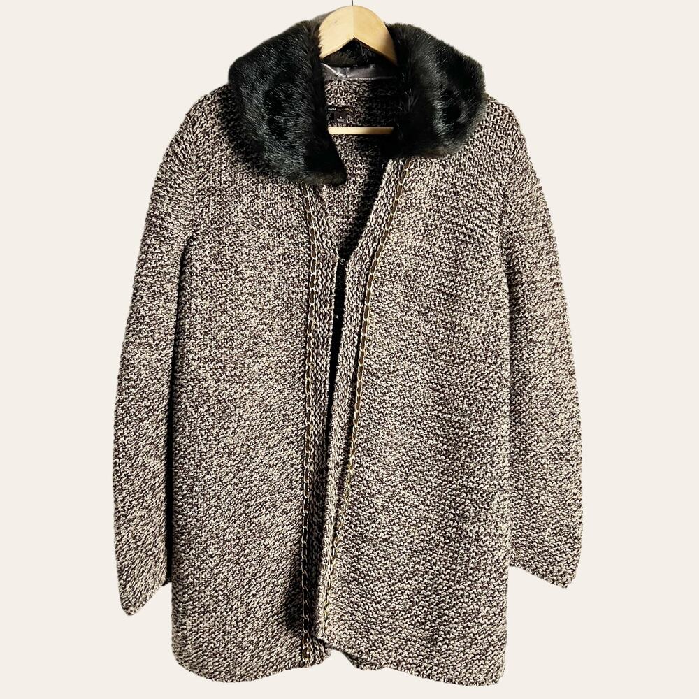 Dana Buchman Brown Chunky Knit Faux Fur Collar Cardigan Jacket L